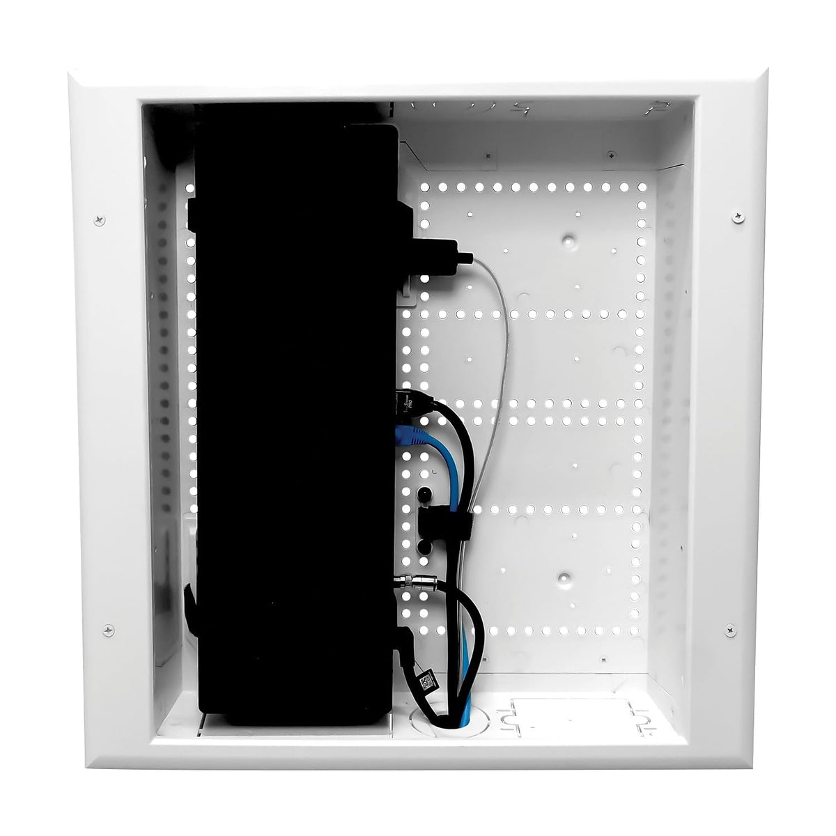 DataComm Electronics 45-8011-1P Multi-Functional Recessed Media Box with Integrated Duplex Power Receptacle For Seamless Home & Office Connectivity Solutions In Wall Box Hides TV Outlet & Cables
