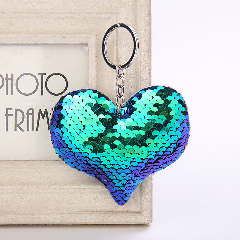 Sequin Heart Bag Charm with Reflective Keyring Design