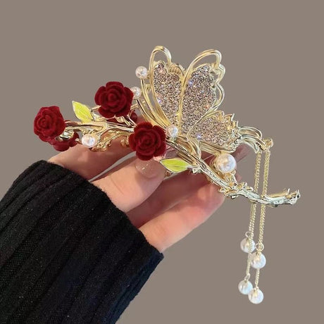Rose Butterfly Tassel Hair Claw Clip for Elegant Look