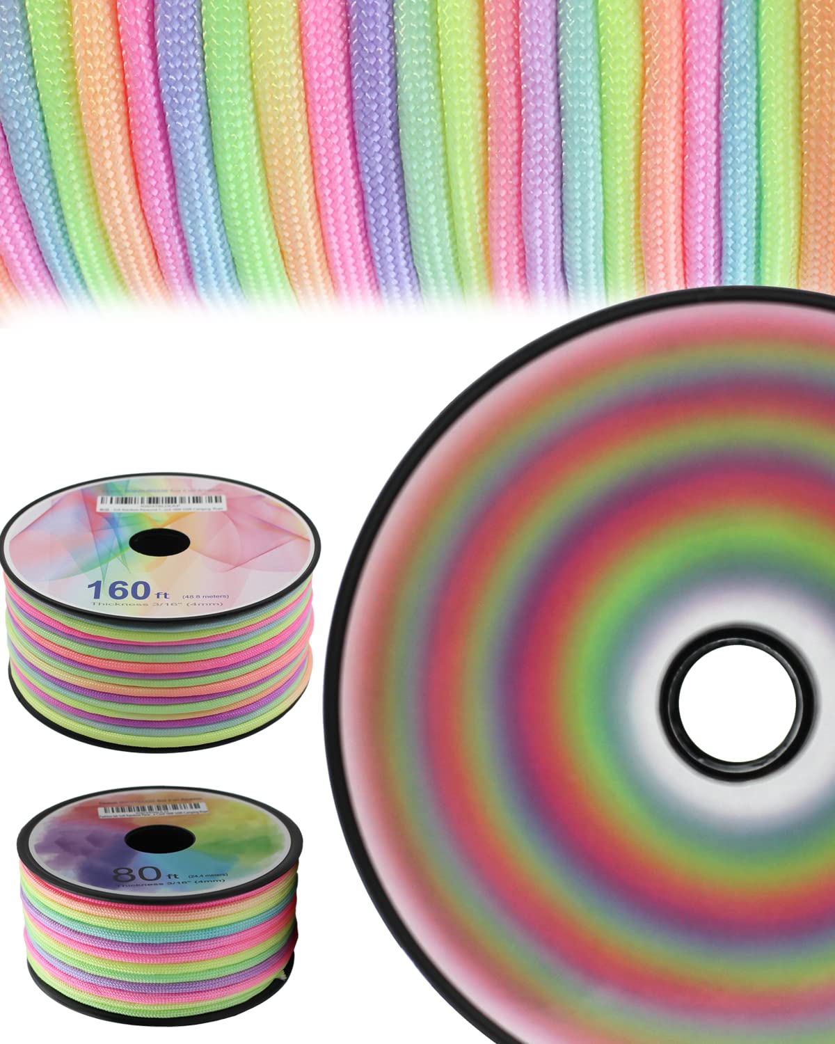Fashion lab Soft Rainbow Cord 7 Strands 4 mm 3/16” Nylon Paracord Dip-Dye Nylon Cord 160ft 320ft Outdoor Cord Hiking Ropes Camping Rope Pastel Ropes Tie-Dye Ropes Bracelet Ropes (10628)