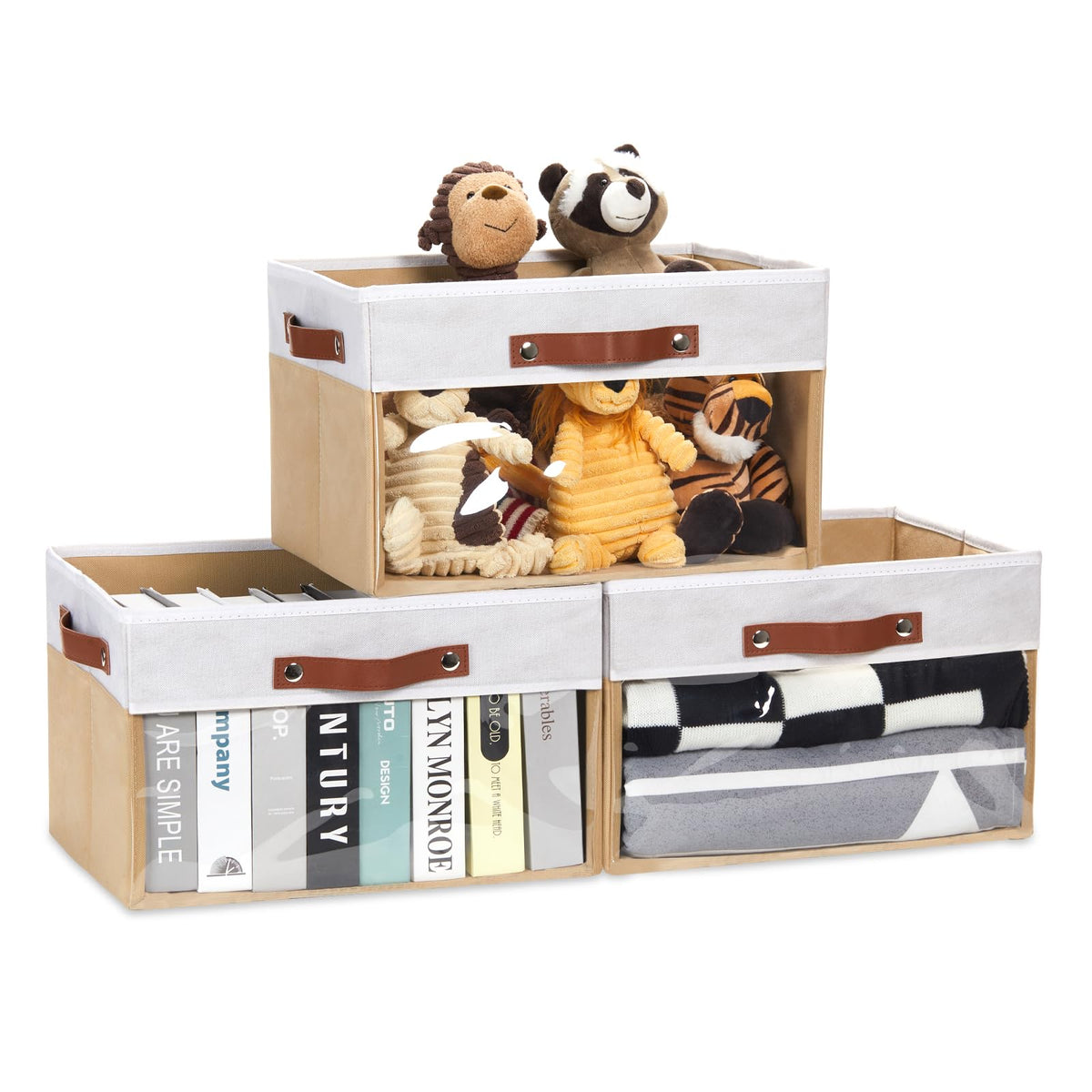 HNZIGE Large Storage Bins with Clear Window Collapsible Fabric Storage Bins 3 Pack Linen Closet Organizers for Clothes Shelves Foldable Storage Baskets for Organizing Toy(White Beige 15 x 11 x 9.5)