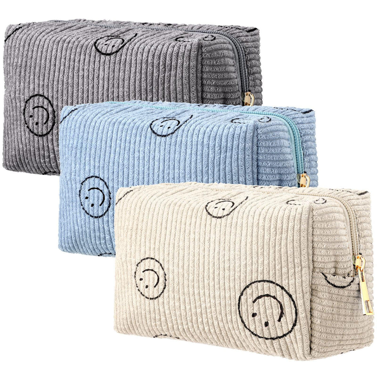 Photect 3 Pcs Corduroy Cosmetic Bag Smile Face Aesthetic Preppy Pouch Travel Makeup Bags for Christmas Women Holiday Organizer Gifts(ClassicBeige Gray Blue)