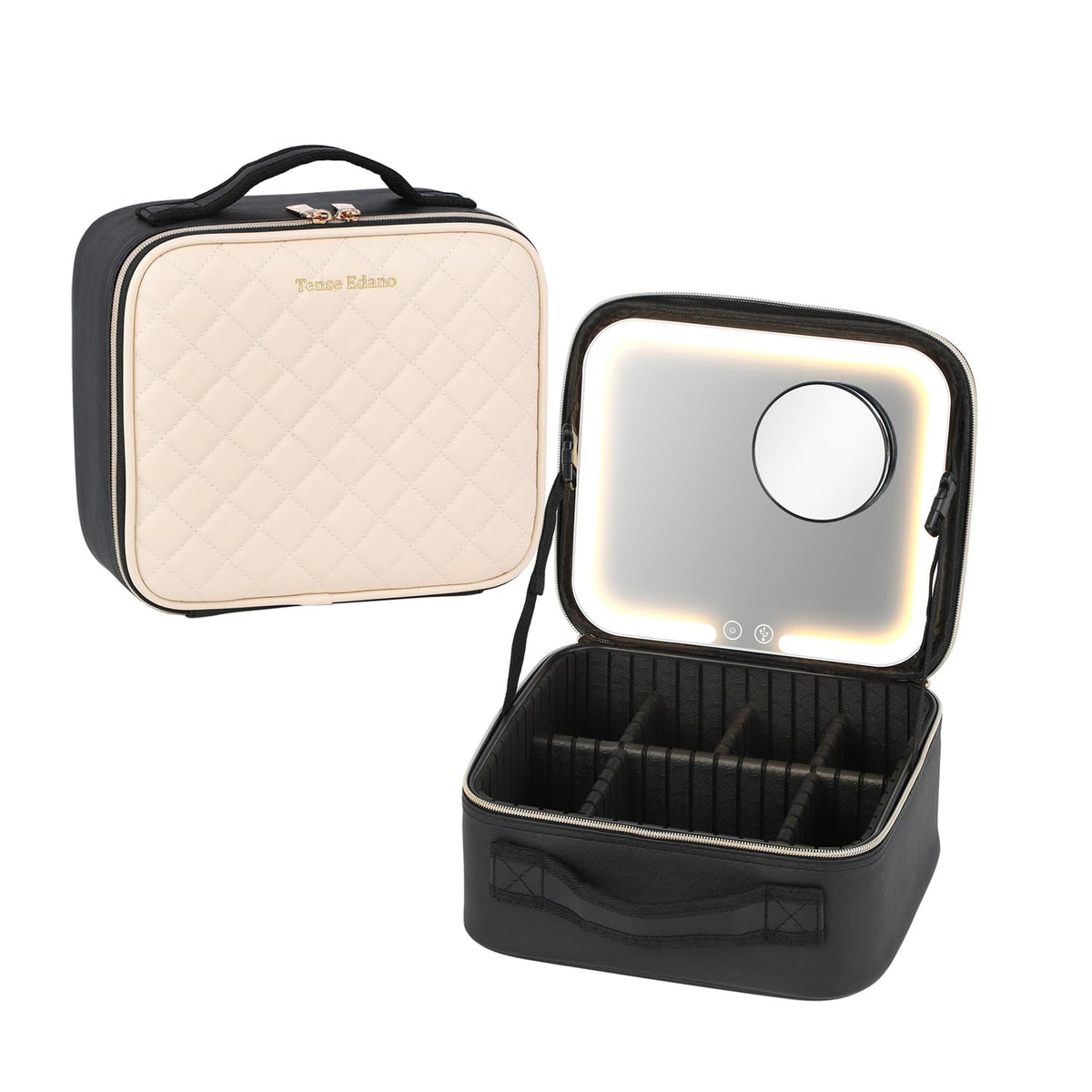 Tense Edano PU Cosmetics Train Case with Removeable LED Lighted Mirror Rechargeable 3 Color Lights Adjustable Brightness Portable Makeup Artist Organizer with Adjustable Dividers (White)