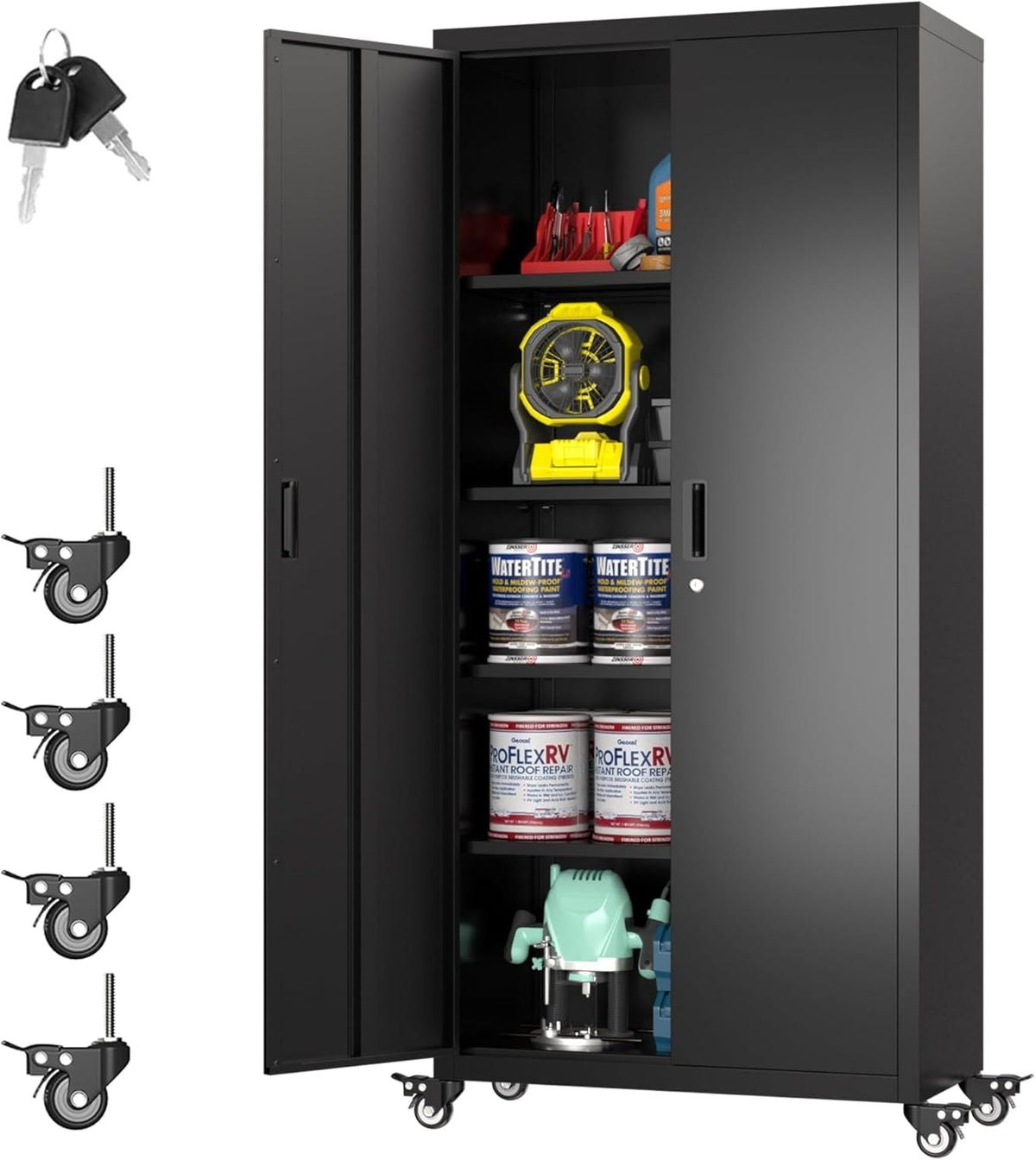 Garage Storage Cabinet With Optional Wheels, Metal Lockable File Cabinet With 2 Doors And 4 Adjustable Shelves,Tool Storage,Home Office Garage,Gym,School Black