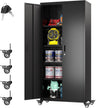 Garage Storage Cabinet With Optional Wheels, Metal Lockable File Cabinet With 2 Doors And 4 Adjustable Shelves,Tool Storage,Home Office Garage,Gym,School Black