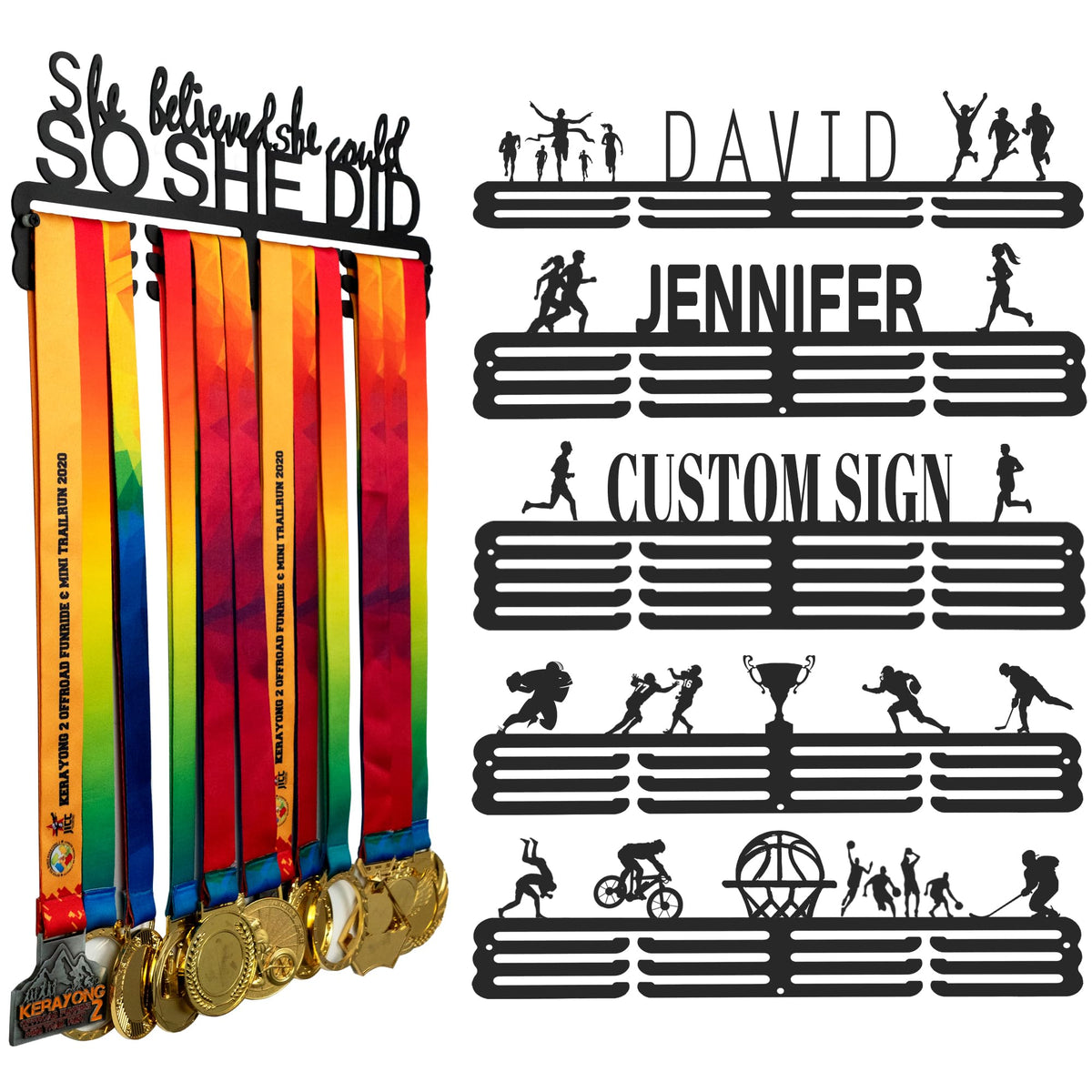 Custom Medal Hanger Display Rack - Personalized Metal Sports Awards Organizer for Wall Hold Up 60 Medal for GymnasticRunningSoccerBaseballFootballIce HockeyBasketball