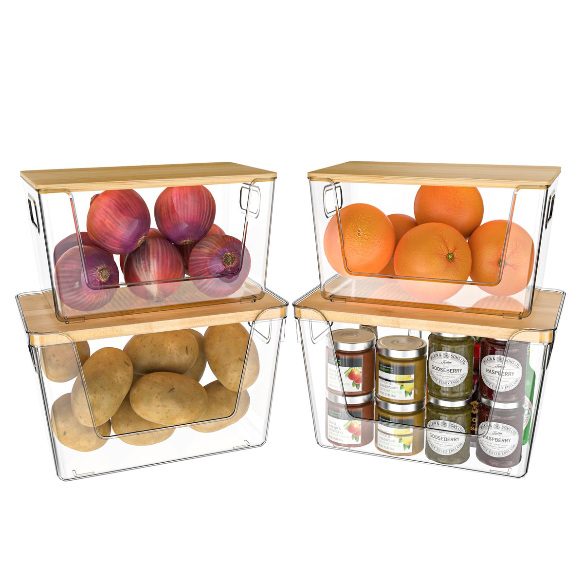 4 Pack Potato Storage with Lids – Front Open Kitchen Pantry Organizer and Storage Stackable Storage Bins for Onion Garlic Fruit Produce Vegetable