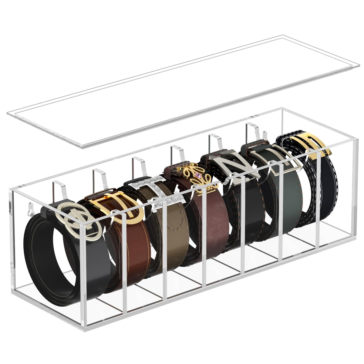 FEMELI Belt Organizer Acrylic Belt Storage for Closet with Dust Cover Clear Belt Container Display Holder for Drawer Clear Belt Tie Case Hanger with 7 Compartments for Women Men Home
