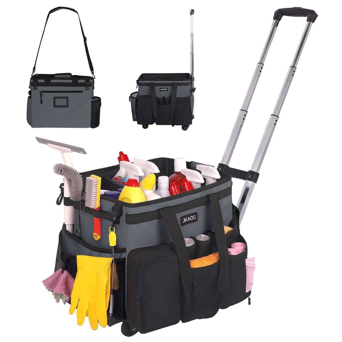 JKAOO Large Rolling Cleaning Caddy Bag with Detachable Trolley Waterproof Cleaning Caddy on Wheels for Housekeepers Cleaning Cart Supplies Organizer for HomeCarOfficePicnic(Gray)(InPatent)