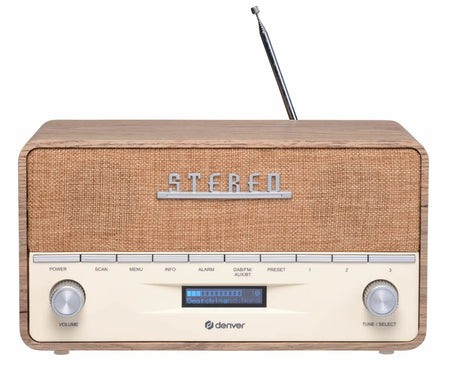 Denver DAB-36LW Real Wood Retro FM Radio with Bluetooth & Alarm Clock (Works with Mains Power or 4xC Batteries)