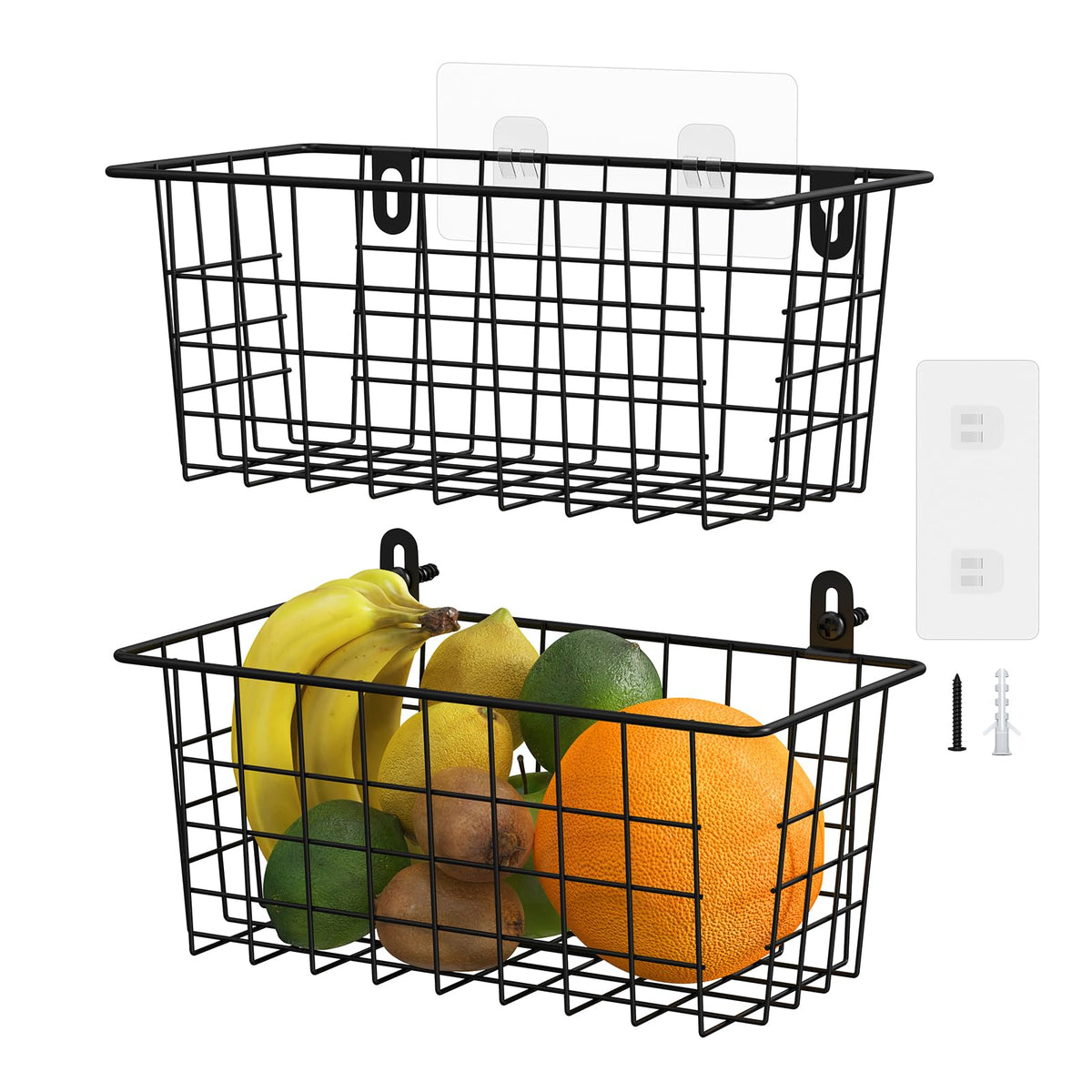 MaraFansie Hanging Kitchen Baskets Wire Storage Basket Adhesive and Screws Basket Over the Cabinet Door Organizer with Adhesive Strips and Screws Accessories 2 Pack Black