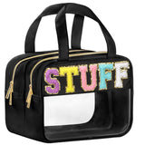 Chenille Letter Clear Makeup Bags Clear Stuff Bag for Travel Preppy Patch Nylon Cosmetic Bag with Handles and Zipper Waterproof Large Clear Travel Toiletry Bag Storage Bag for Women Black