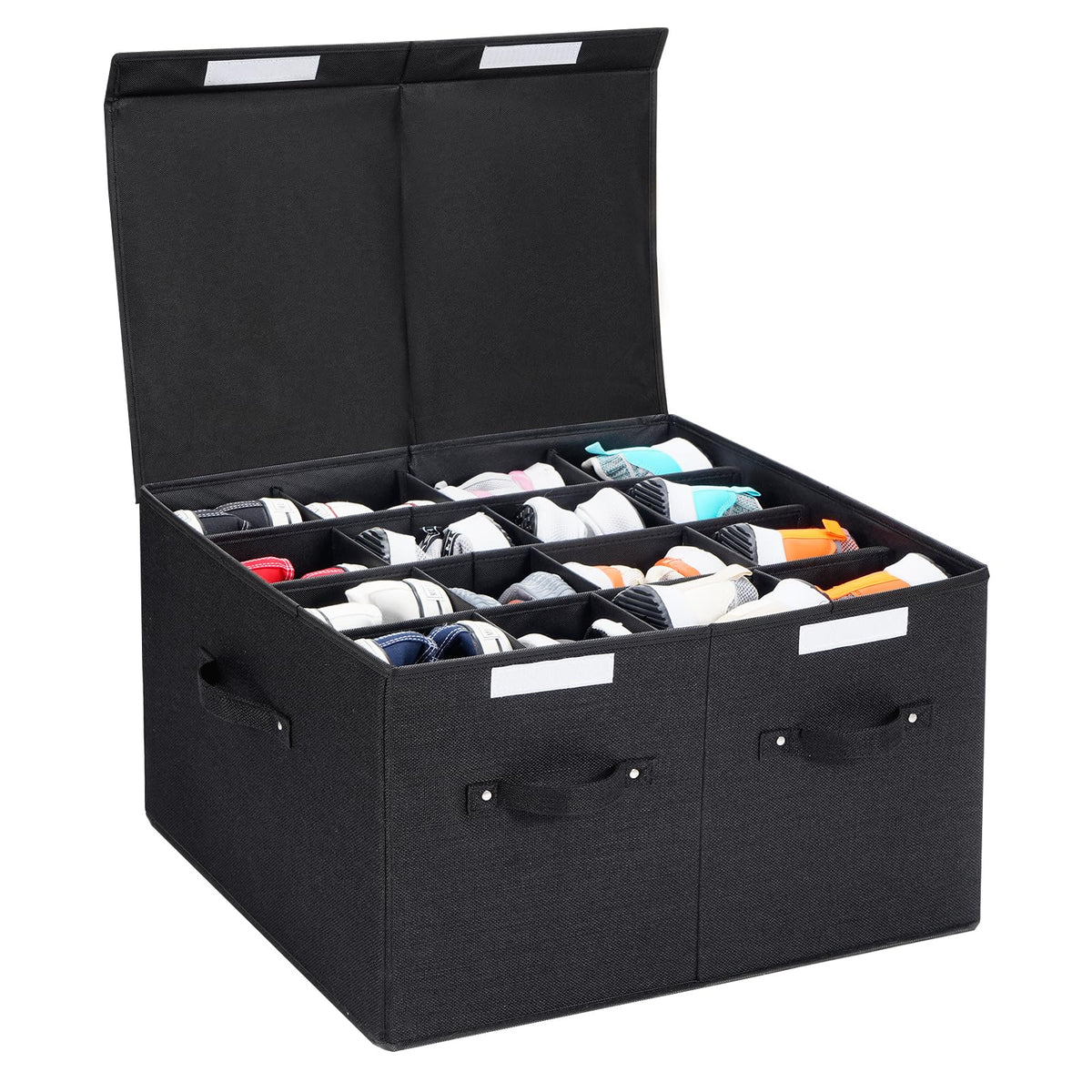 FBBABB 16 Pairs Shoe Storage Organizer Shoe Organizer Box Bins with Adjustable Dividers for Shoes Sandal Sneakers and High Heeled Stackable and Foldable (Black)