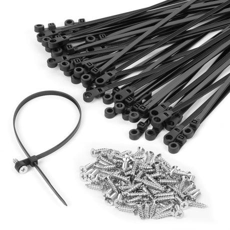 12 Inch Black Cable Ties (100 Pack) zip ties with screw mounting hole 120 lb Strength + 100 Screws - Ideal for Automotive Fencing & Outdoor Wire Management