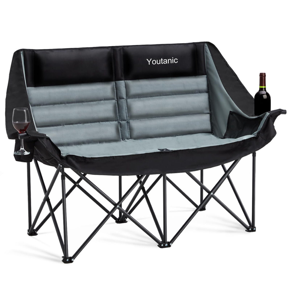Youtanic Oversized Camping Chair Double Folding Loveseat Camping Couch with Pocket Cup Holder and Carry Bag Heavy Duty Portable Camping Chairs for Adults Fishing Sports Trip up to 660lbs Black