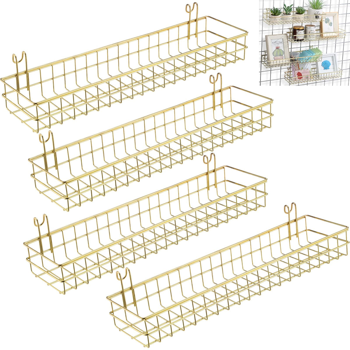 Blulu 4 Pcs 15.75 x 3.94 x 1.97 Inch Metal Grid Wall Baskets with Hooks Grid Wall Shelves Hanging Wire Basket Multi Function Storage Organizer for Kitchen Organizing Display (Gold)