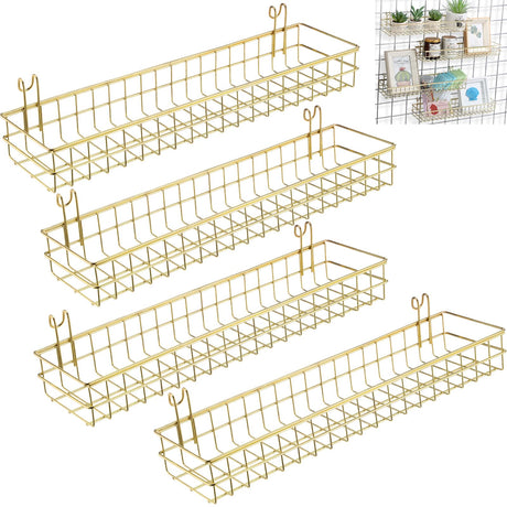 Blulu 4 Pcs 15.75 x 3.94 x 1.97 Inch Metal Grid Wall Baskets with Hooks Grid Wall Shelves Hanging Wire Basket Multi Function Storage Organizer for Kitchen Organizing Display (Gold)