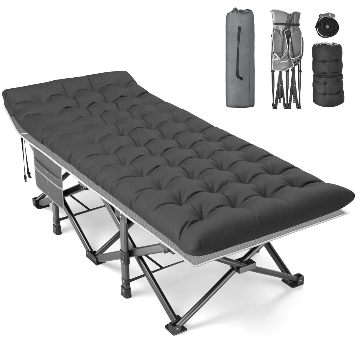 Slendor XXL Folding Camping Cot for Adults79" L x 32" W x 19" H Camp Cot Oversized Sleeping Cot with Mattress Carry Bag Strapping Cot Bed for Tent Office Support 500lbs Gray Cot w/Black Pad