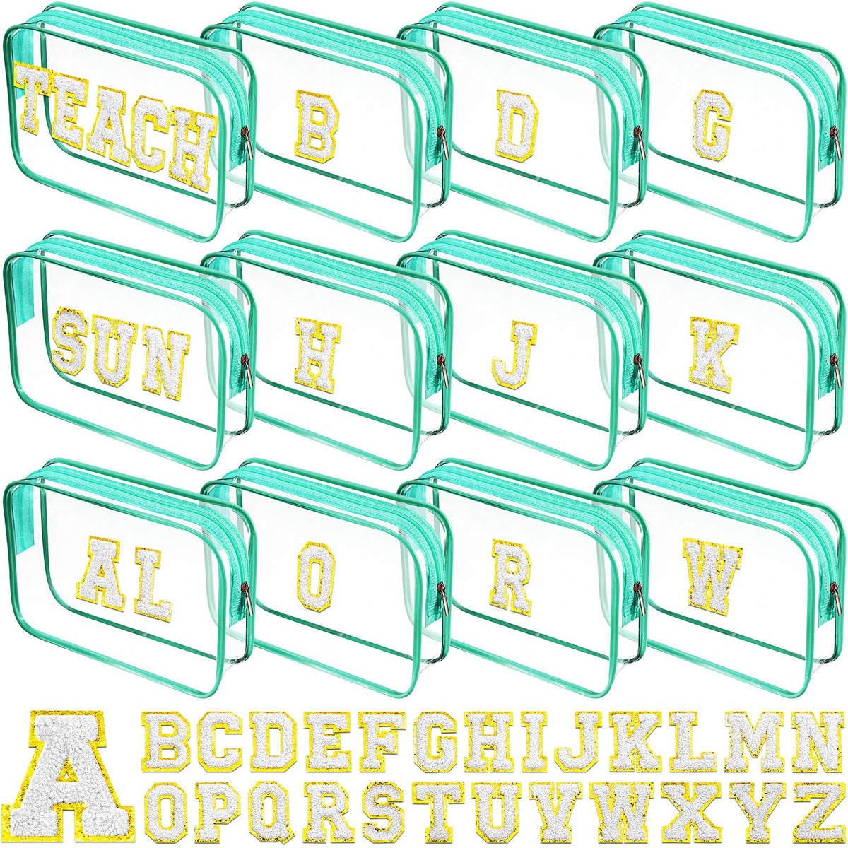 Huhumy 12 Personalized Initial A-Z Preppy Patch Clear Makeup Bag Initial Letter Bag Beach Travel Toiletry Cosmetic PVC Bag Chenille Sew Letter Patches Valentine DIY Bag(Green White Letters)