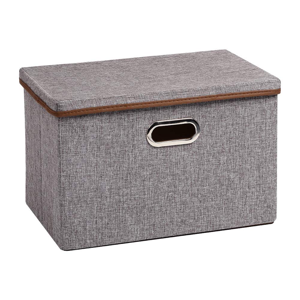 UUJOLY Large Storage Bins Linen Fabric Foldable Basket Cubes Organizer Storage Box Drawer with Lid and Handles for Home Office Closet Bedroom Nursery（Grey）