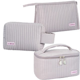 Linpr 3 Pcs Makeup Bag Set Portable Waterproof PU Striped Leather Toiletry Bags Cute Travel Cosmetic Organizer for Women and Girls (Light Purple)