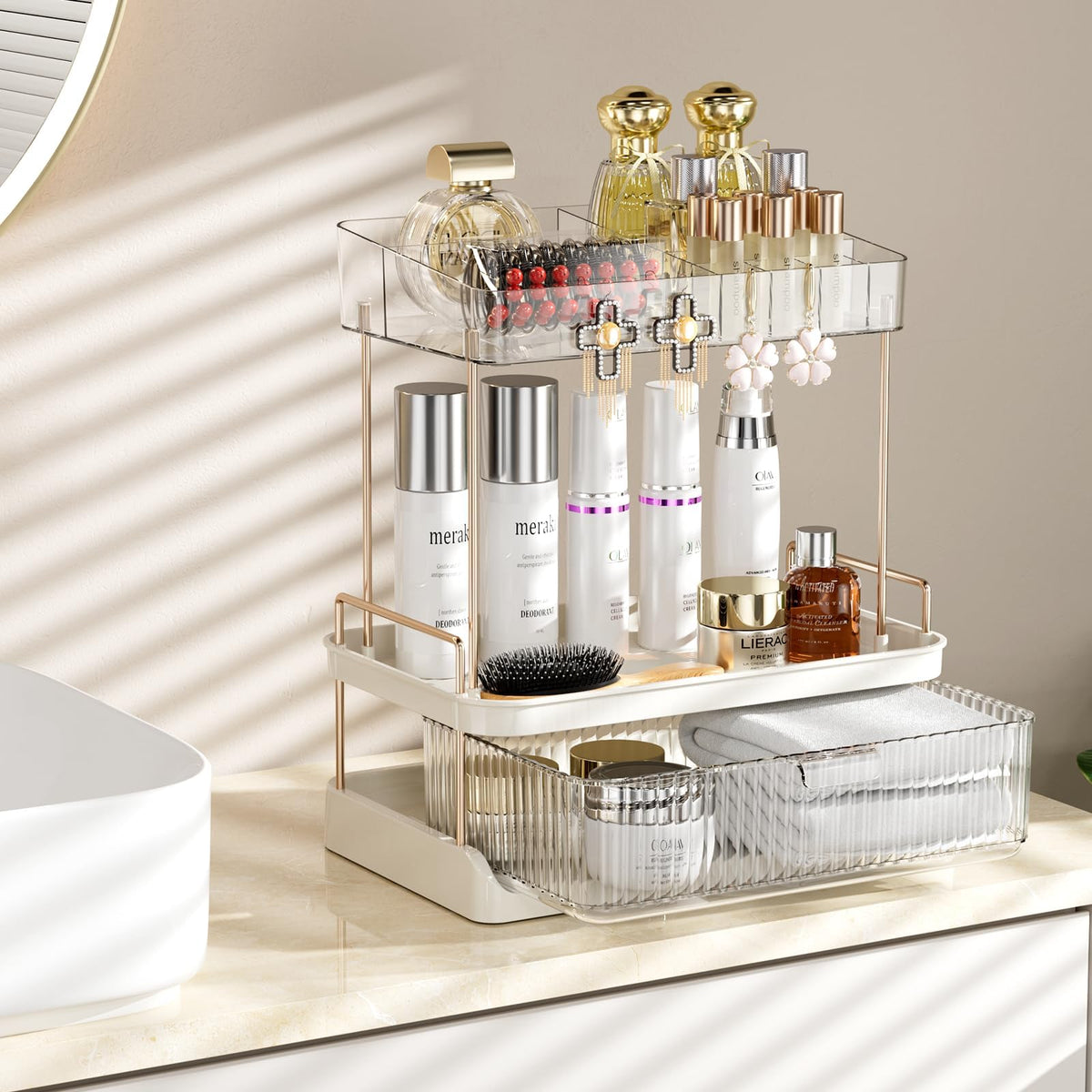Delamu 2-Tier Bathroom Counter Organizer with Drawer Multi-purpose Makeup Organizer Countertop for Vanity Large Bathroom Countertop Skincare Organizer Clear