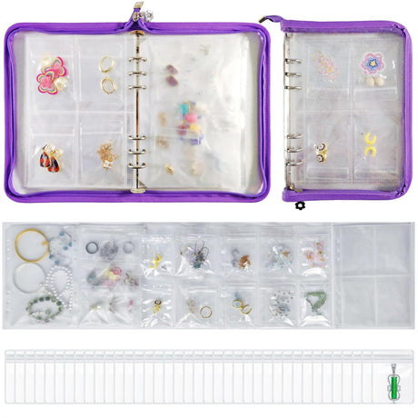 High Efficiency Storage Jewelry Book Organizer Transparent Jewelry Storage Organizer for Earring Necklace Ring Bracelet Jewelry Storage Book with Large Zipper Bags and Small Pockets (Purple).