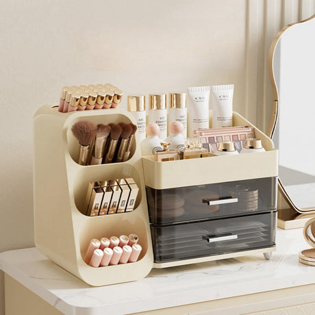 KQJS Makeup Organizer with DrawersLarge Capacity Countertop Organizer for VanityBathroom and Bedroom Desk Cosmetics OrganizerEasy To Storage SkincareBrushes Eyeshadow Lotions Lipstick (Cream)