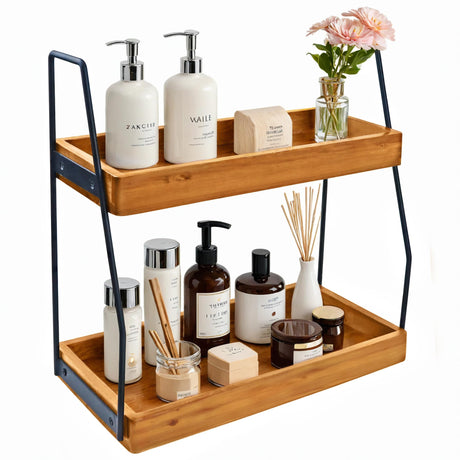 Acacia Bathroom Organizer Countertop 13.6 x 14 x 6.7 inches 2-Tier Wood Counter Standing Rack Countertop Storage Shelf for Organizing Bathroom Kitchen Office Desk Vanity Cosmetic Balcony