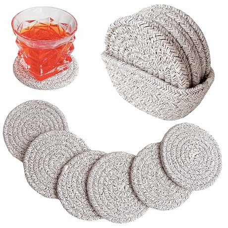 Valdivia Boho Drink Coasters with Storage Basket Handmade Woven Cotton Absorbent Coaster Set of 6 Minimalist Home Decor for Coffee Table Kitchen Housewarming Gifts New House Apartment Presents