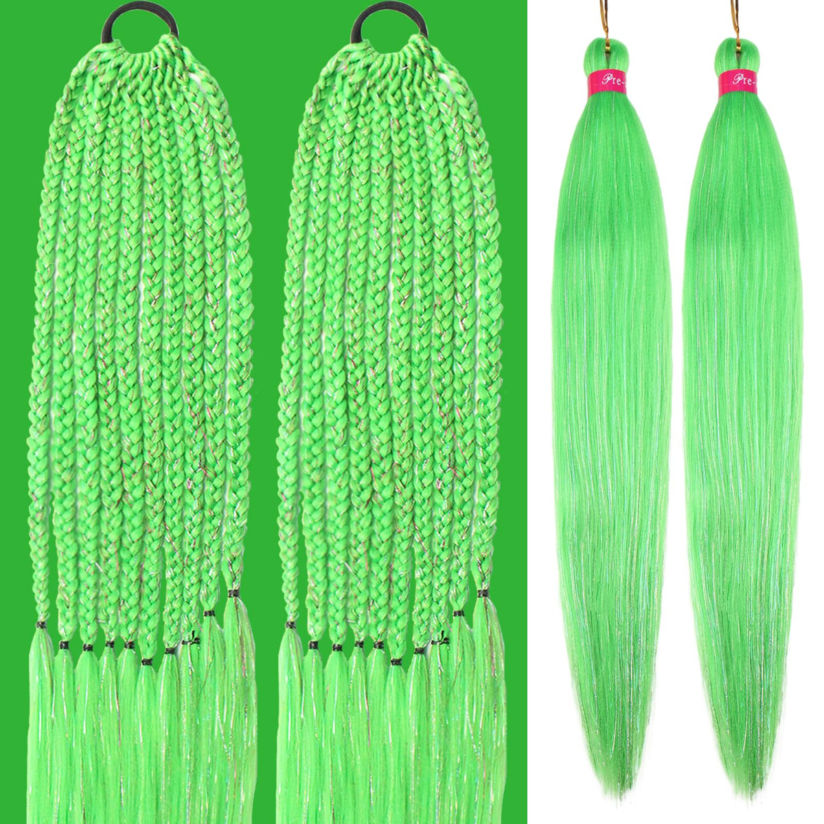Light Green with Tinsel Braiding Hair Pre Stretched 2 Packs 26 Inches Box Braids Hair Extensions Synthetic Pre Stretched Braiding Hair