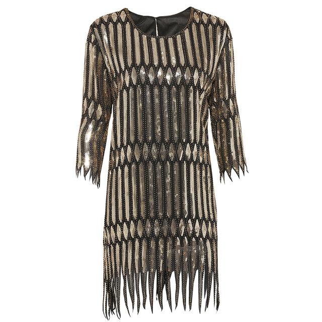 New Beaded Sequin Chiffon Dress with Fringed Sleeves