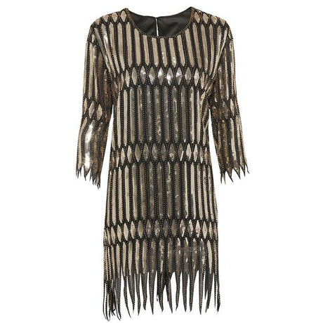 New Beaded Sequin Chiffon Dress with Fringed Sleeves
