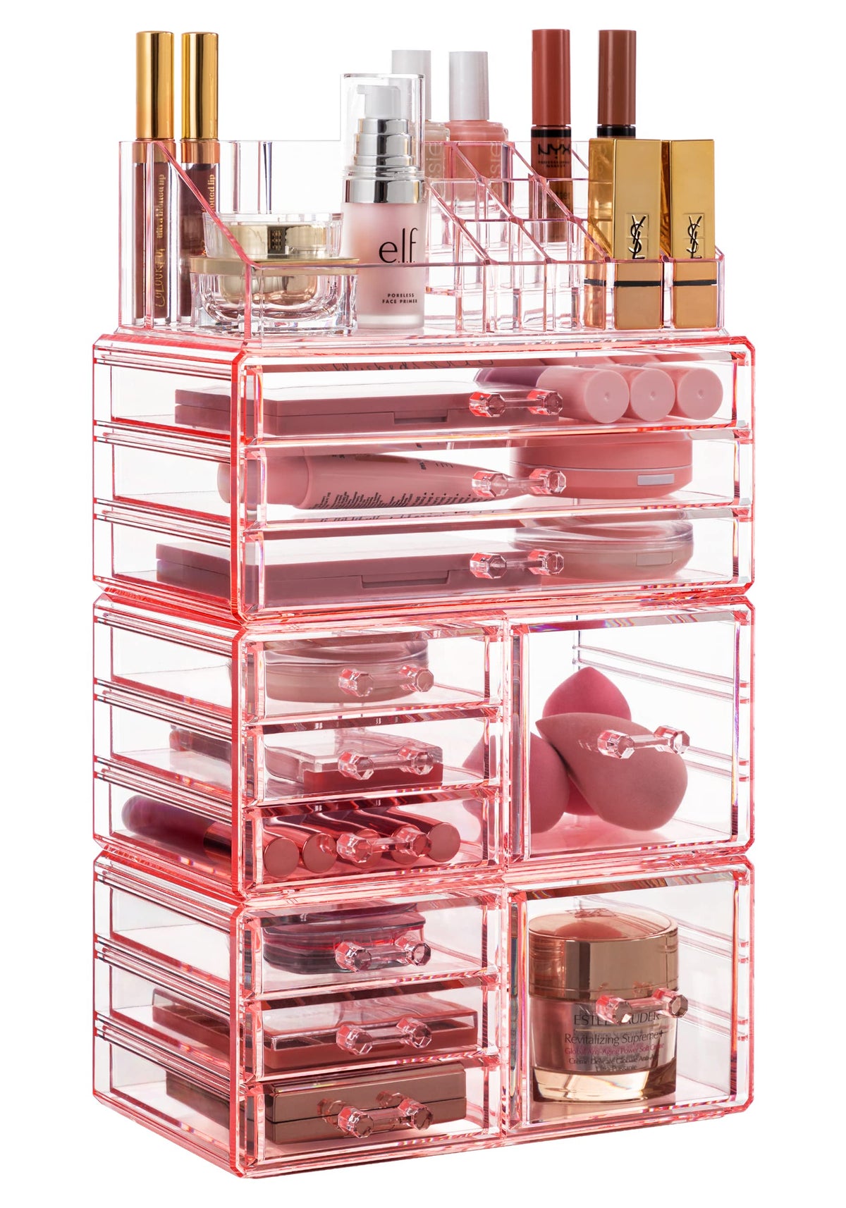 HBlife Acrylic Clear Dustproof Makeup Storage Organizer Drawers Large Skin Care Cosmetic Display Cases for Bathroom Stackable Storage Box with 11 Drawers for Vanity (Orange)