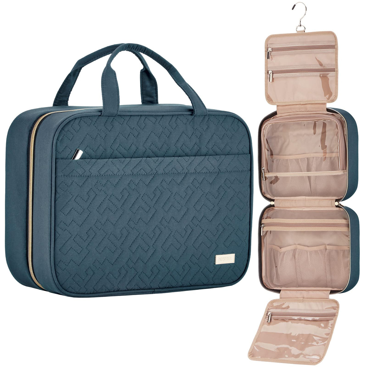NISHEL Travel Toiletry Bag for women Portable Hanging Organizer for Full-Sized Shampoo Conditioner Brushes Set Makeup Accessories Large Size Lake-Blue