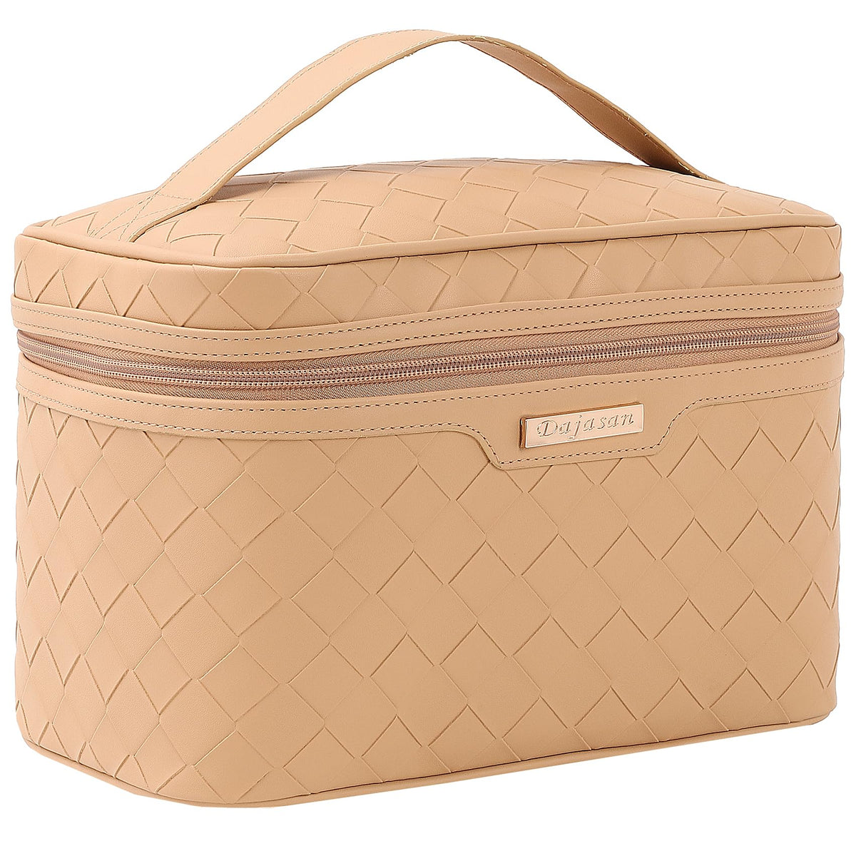 Dajasan Makeup Bag Cosmetic Bag Travel Makeup Bag Large Capacity Makeup Organizer Bag Portable Travel Toiletry Bag for Women Girls PU Leather Waterproof 11.81 x 6.7 x 7.09 Inch (Khaki)