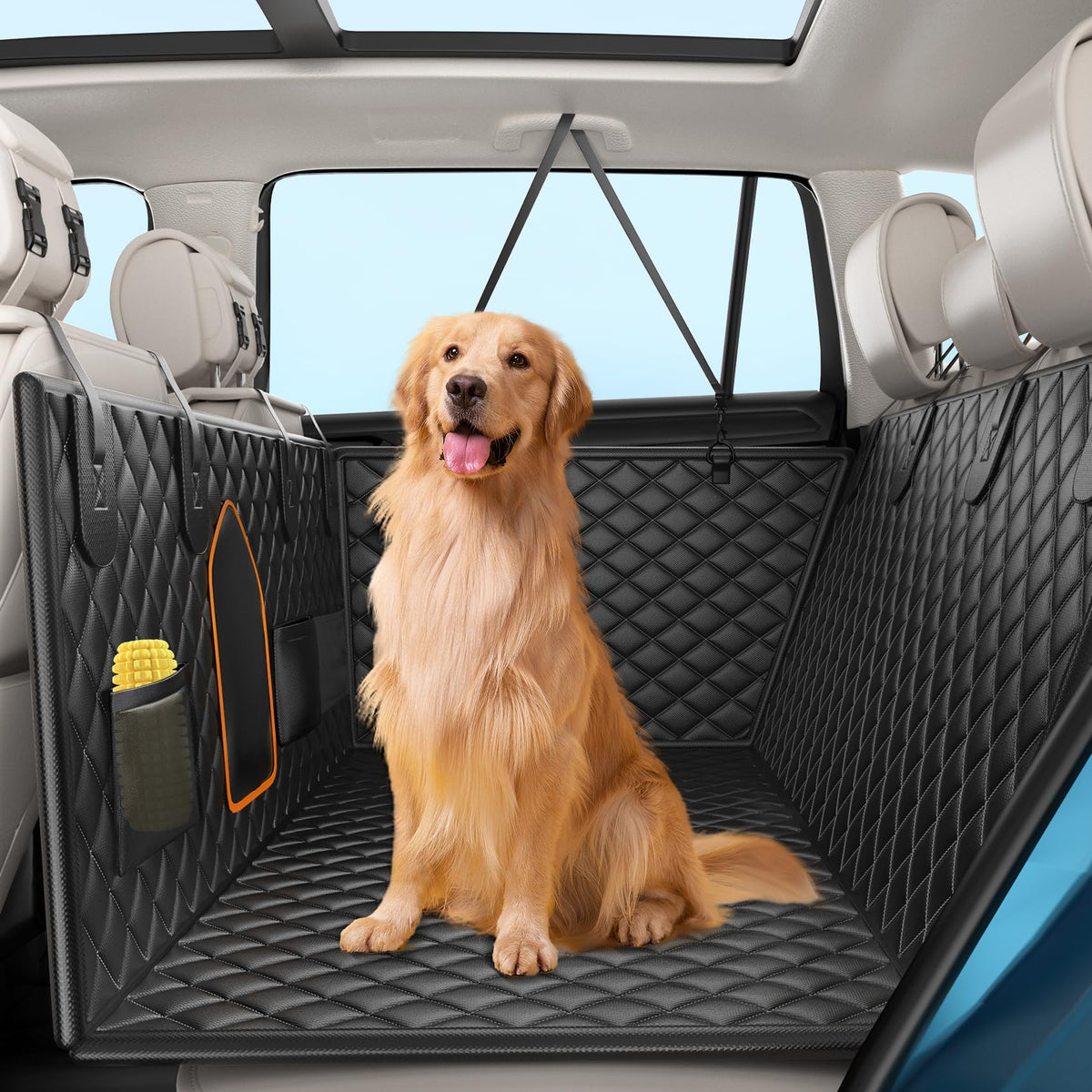 XXL Truck Back Seat Extender for Dogs Dog Car Seat Cover with Hard Bottom Support 400LB Waterproof Car Seat Protector with Mesh Window and Storage Pocket Car Hammock for Full-Size Trucks SUV