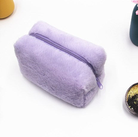 Solid Pink Plush Cosmetic Bag for Women - Travel Organizer