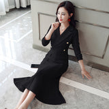 Stylish V-Neck Midi Dress with Trendy Color Block Design