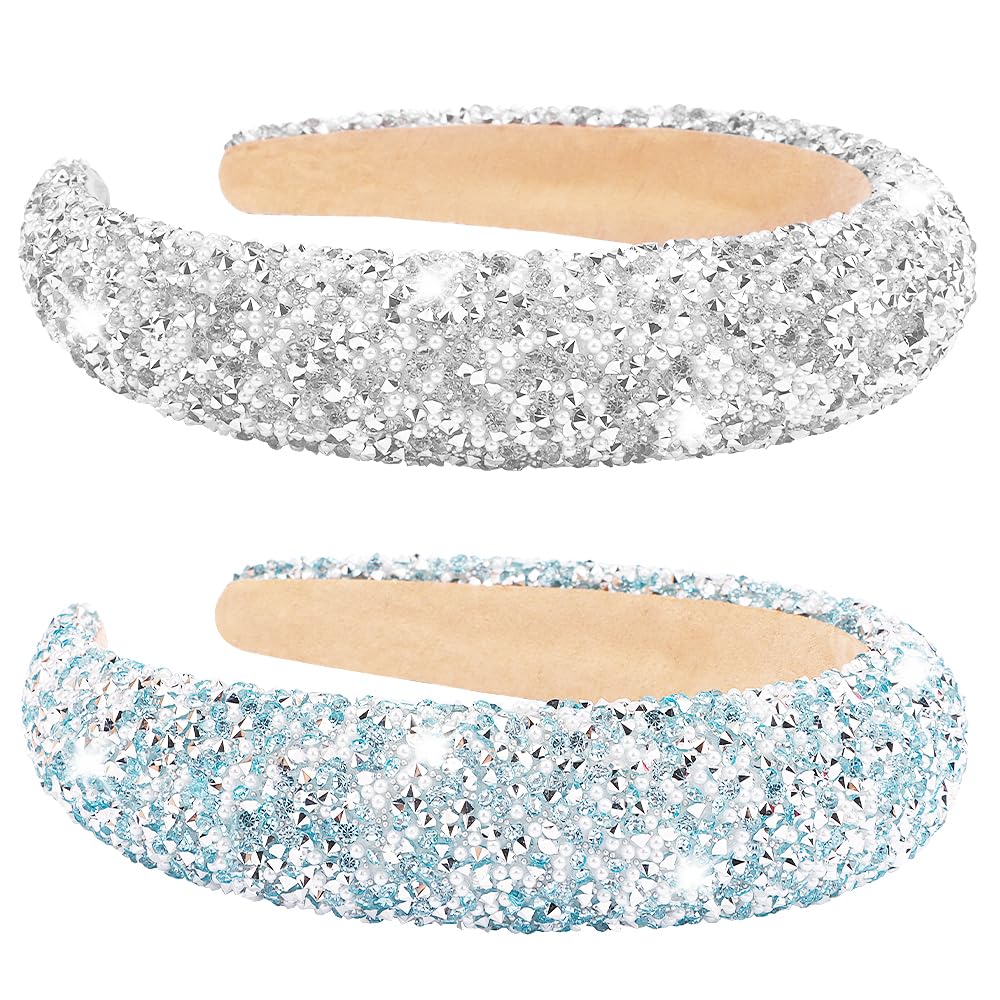 AHONEY 2 Pack Rhinestone Headband Women Girls Thick Padded Headband Sequin Beaded Pearls Head Band Glitter Cute Headband Birthday Prom Hair Accessories For Women Girls (Silver&Blue)