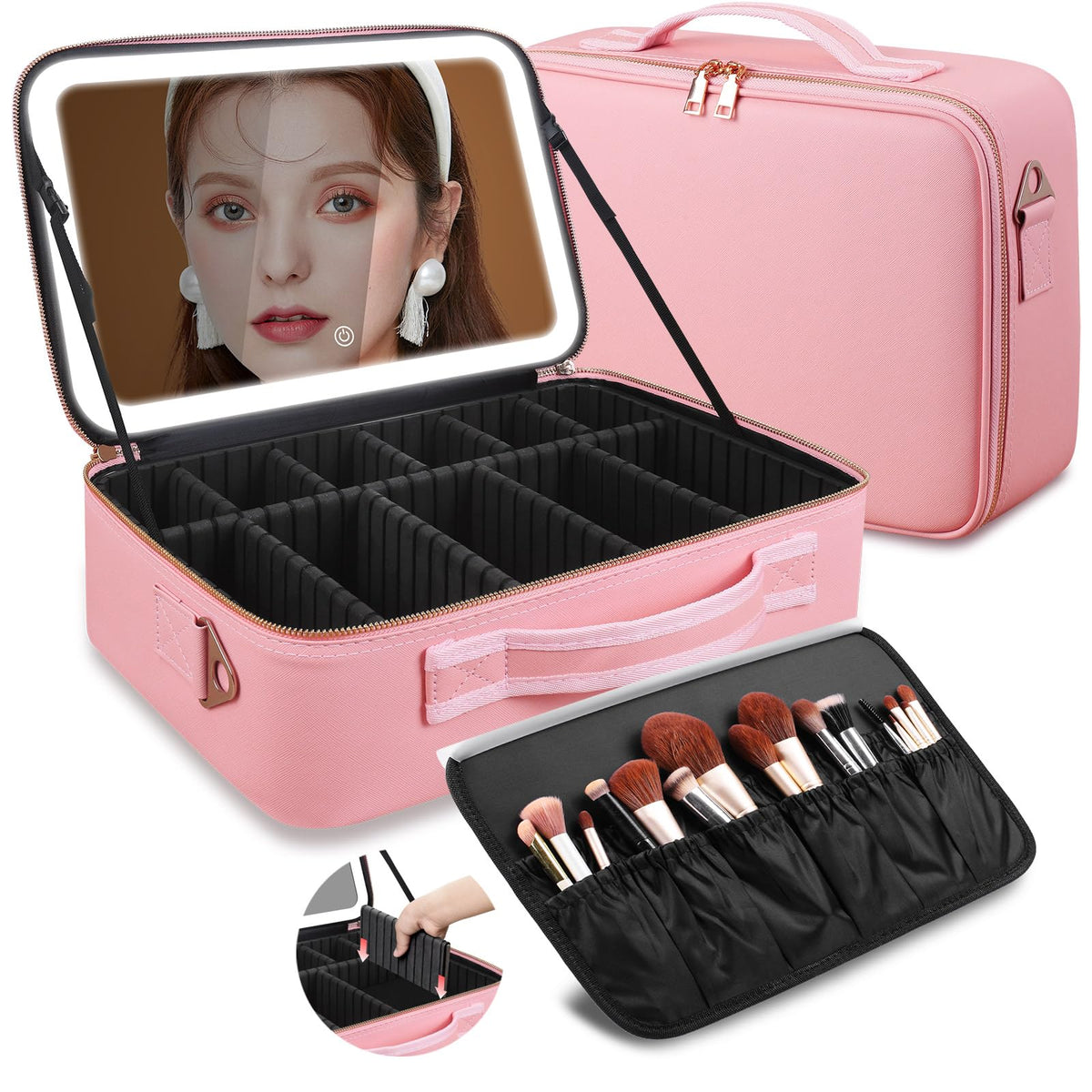 15“×11“ Large Pink Makeup Bag with Mirror Personal Item Travel Bag with Makeup Mirror 3 Lights Waterproof Train Case with Mirror and Light Adjustable DividersLarge Professional Lighted Makeup Case