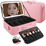 15“×11“ Large Pink Makeup Bag with Mirror Personal Item Travel Bag with Makeup Mirror 3 Lights Waterproof Train Case with Mirror and Light Adjustable DividersLarge Professional Lighted Makeup Case
