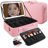 15“×11“ Large Pink Makeup Bag with Mirror Personal Item Travel Bag with Makeup Mirror 3 Lights Waterproof Train Case with Mirror and Light Adjustable DividersLarge Professional Lighted Makeup Case