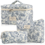 NOYINMIN Cute Makeup Bag for Women(3 Pcs) Quilted Floral Coquette Aesthetic Make up Bags Travel Cosmetic Bags Toiletry Organizer Bag(NavyBlue Flower)