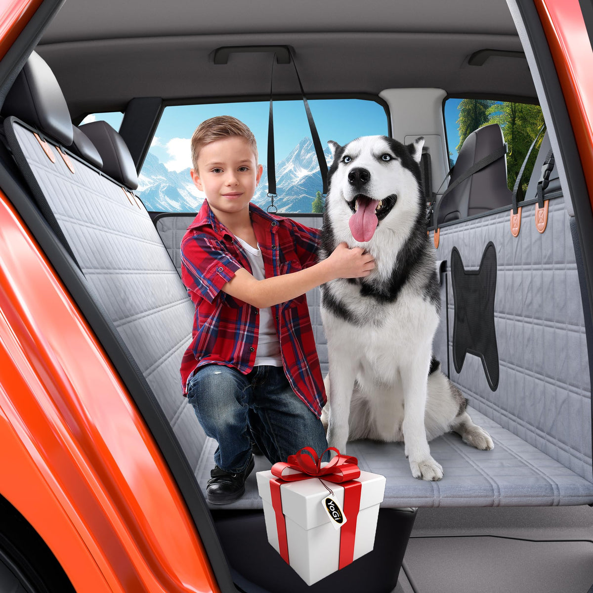 YoGi Prime Extended Dog Car Seat Cover for Back Seat – Waterproof Durable Extra Space with Hardwood Button Pet Seat Protector for Dog Owners Fits Most Cars SUVs (Gray)