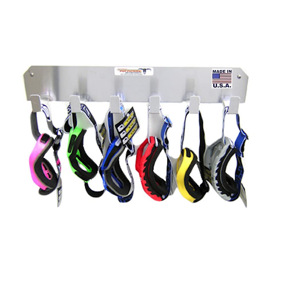 Pit Posse 598 Six Mount Goggle Rack Wall Hanger - Made in USA - Cabinet Shop Garage Enclosed Race Trailer Automotive Motorcycle MX ATV Eyewear Aluminum Organizer - Holds 6 Pairs of Goggles (Silver)