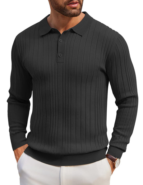 COOFANDY Mens Knit Polo Shirts Long Sleeve Casual Button Down Ribbed Polo Shirt Fashion Golf Shirts Black