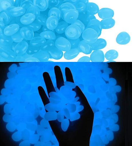 Glow Pebbles 200 pcs Blue Glowing Rocks Glow in The Dark Stones for Outdoor Decor Garden Lawn Yard Luminous Pebbles for Landscaping Walkway Pathway Aquarium Fish Tank Rocks