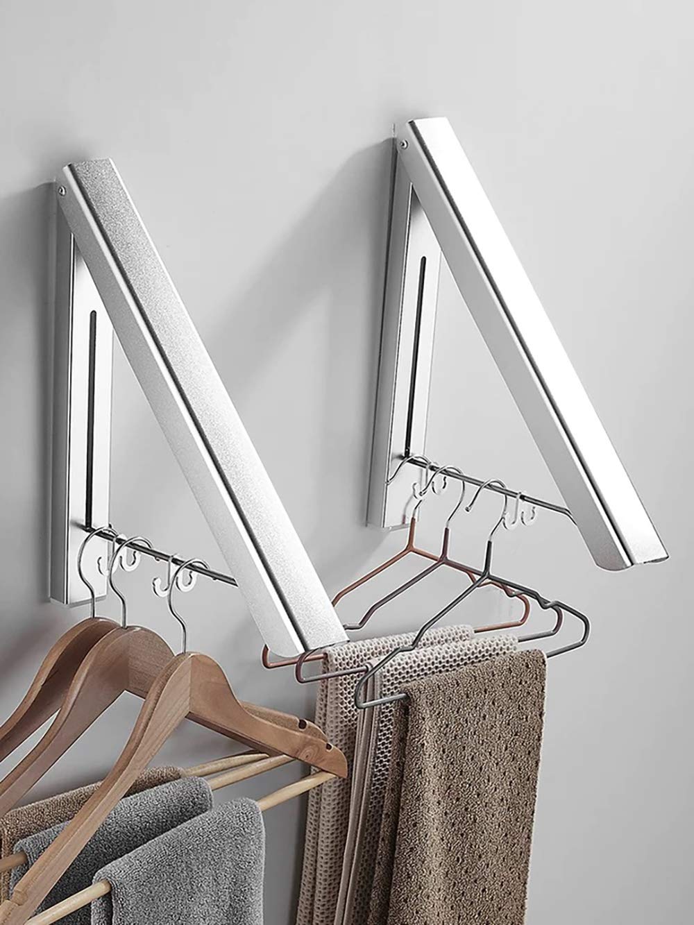 MISSMIN 2 Pack Retractable Clothes Rack - Wall Mounted Folding Clothes Hanger Drying Rack for Laundry Room Closet Storage Organization (Silver)