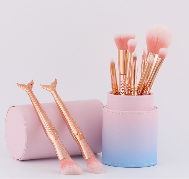 10-Piece Mermaid Makeup Brush Set with Rose Gold Handles